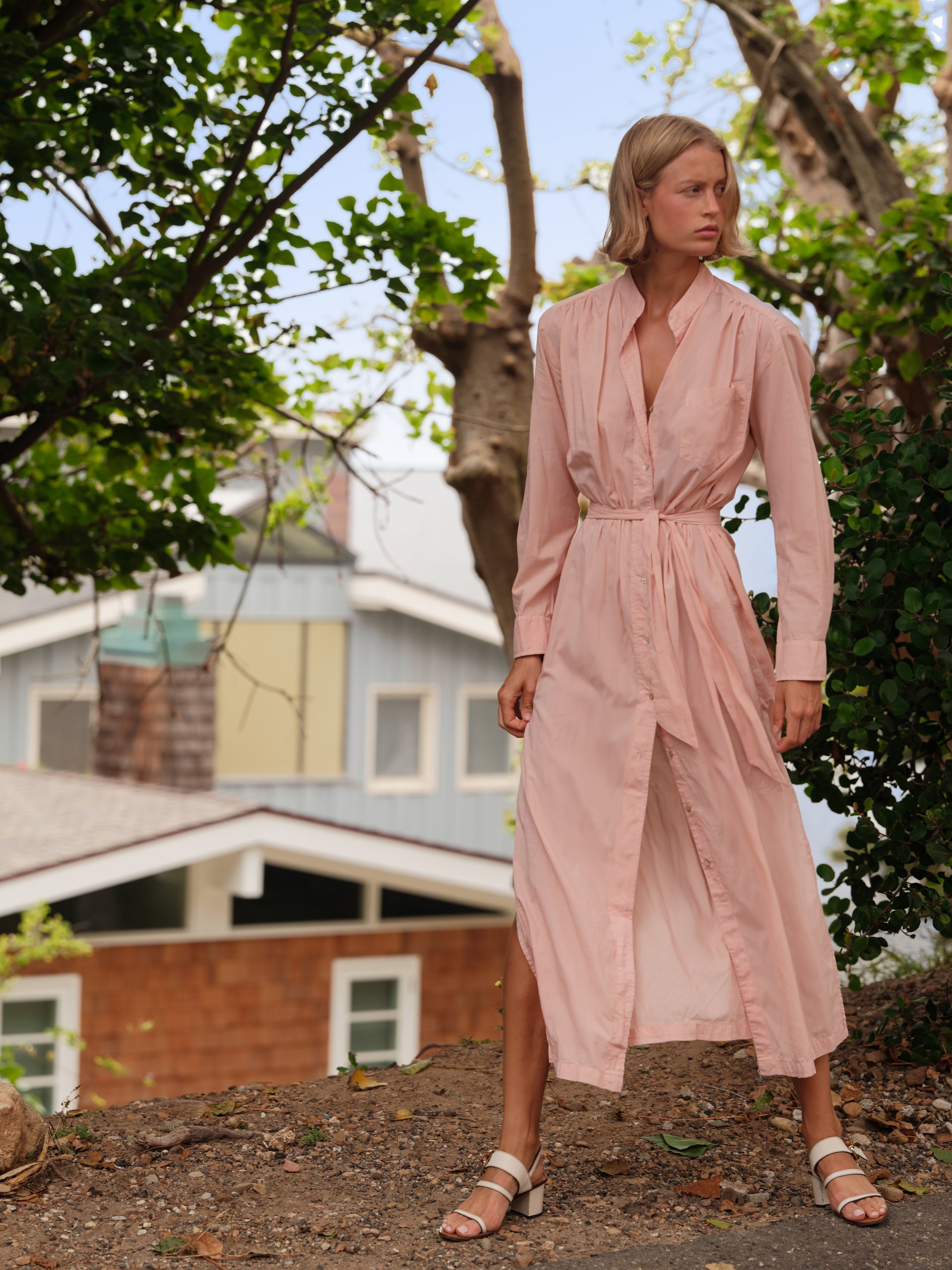 pale pink shirt dress Hand-Embroidered Cotton Linen Shirt Dress in Pale Pink  LabelPriyankaJha